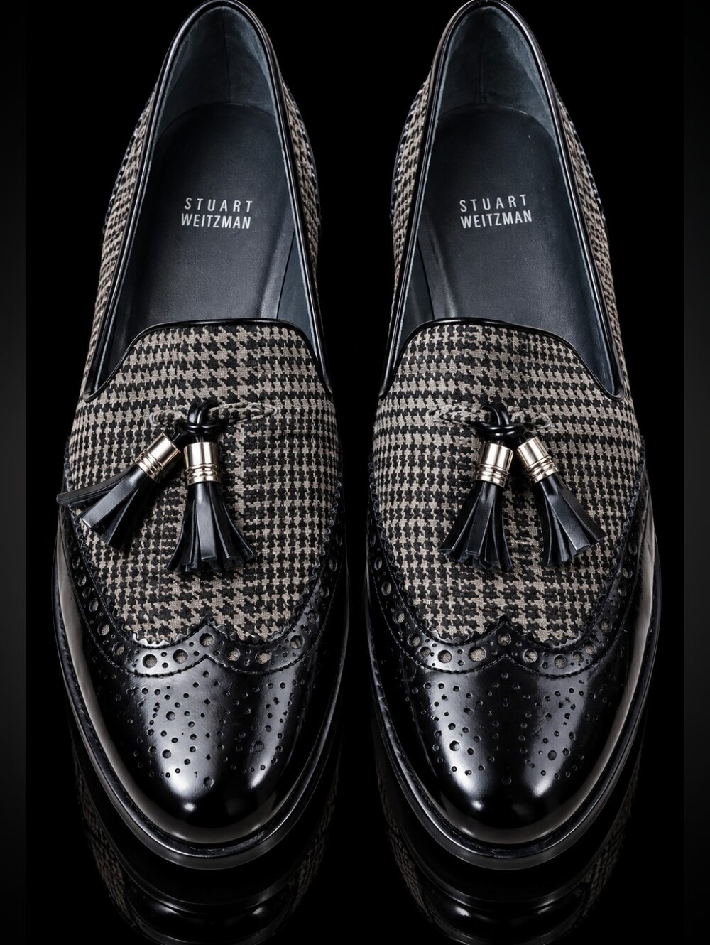 Stuart Weitzman Black & Houndstooth Leather Tassel Loafers